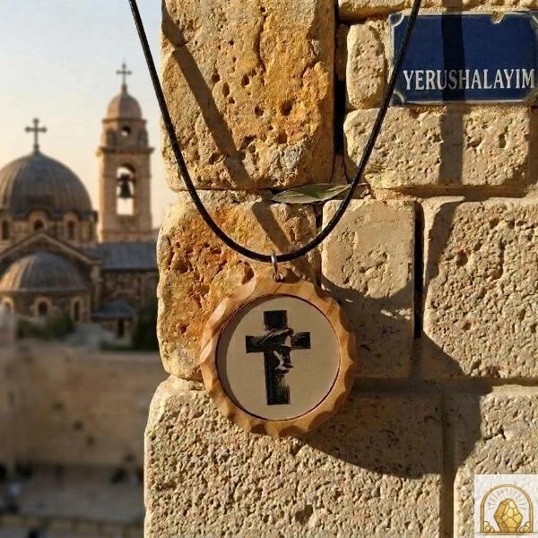 Cross with Jesus face - Olive Wood Necklace