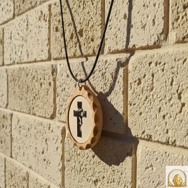 Cross with Jesus face - Olive Wood Necklace - Image 3