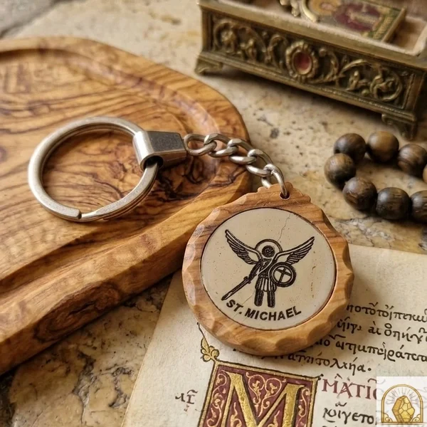 St. Michael Olive Wood keychain